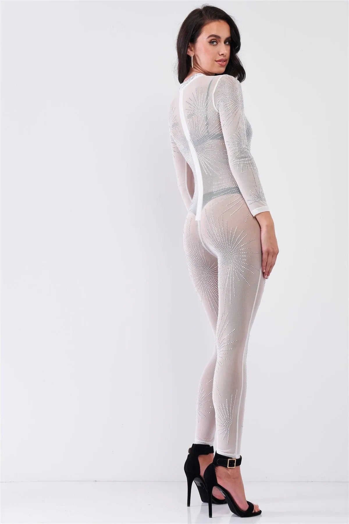 White Rhinestone Mock Neck Embroidery Sheer Mesh Long Sleeve Bodycon Jumpsuit /1-1-1-1 - Tasha Apparel Wholesale
