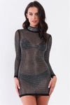 Black Rhinestone Myriad Sheer Mesh Long Sleeve High Neck Bodycon Mini Dress /1-3-1 - Tasha Apparel Wholesale