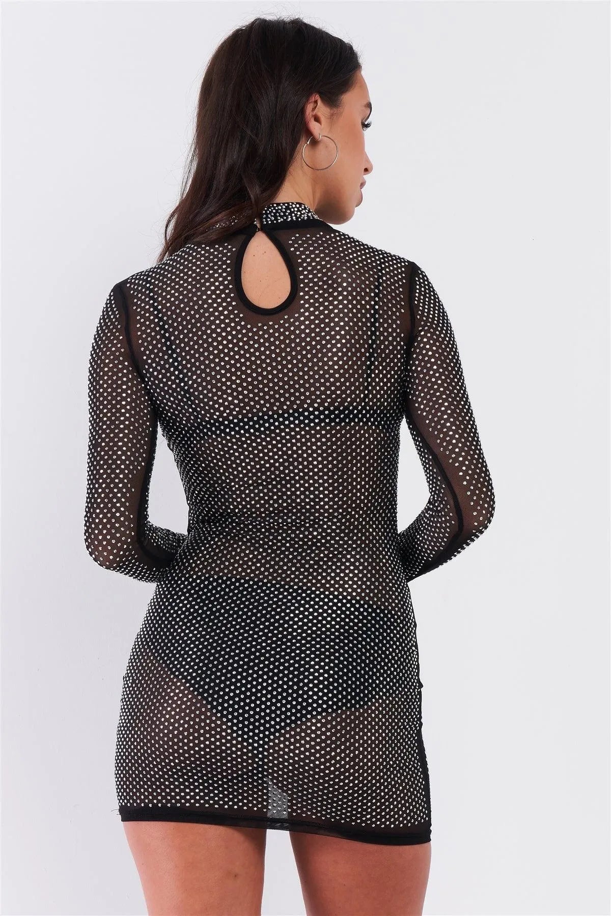Black Rhinestone Myriad Sheer Mesh Long Sleeve High Neck Bodycon Mini Dress /1-3-1 - Tasha Apparel Wholesale
