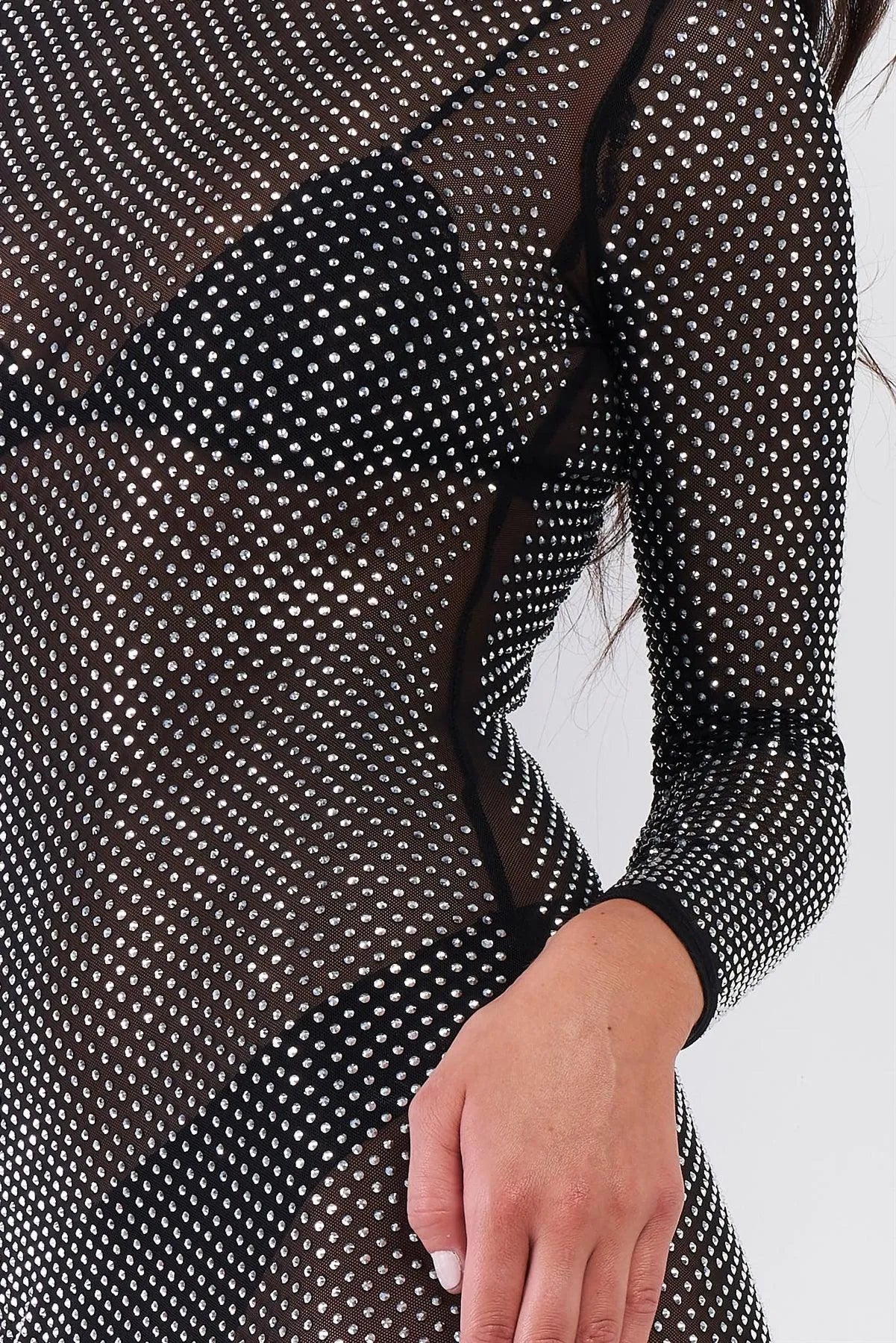 Black Rhinestone Myriad Sheer Mesh Long Sleeve High Neck Bodycon Mini Dress /1-3-1 - Tasha Apparel Wholesale