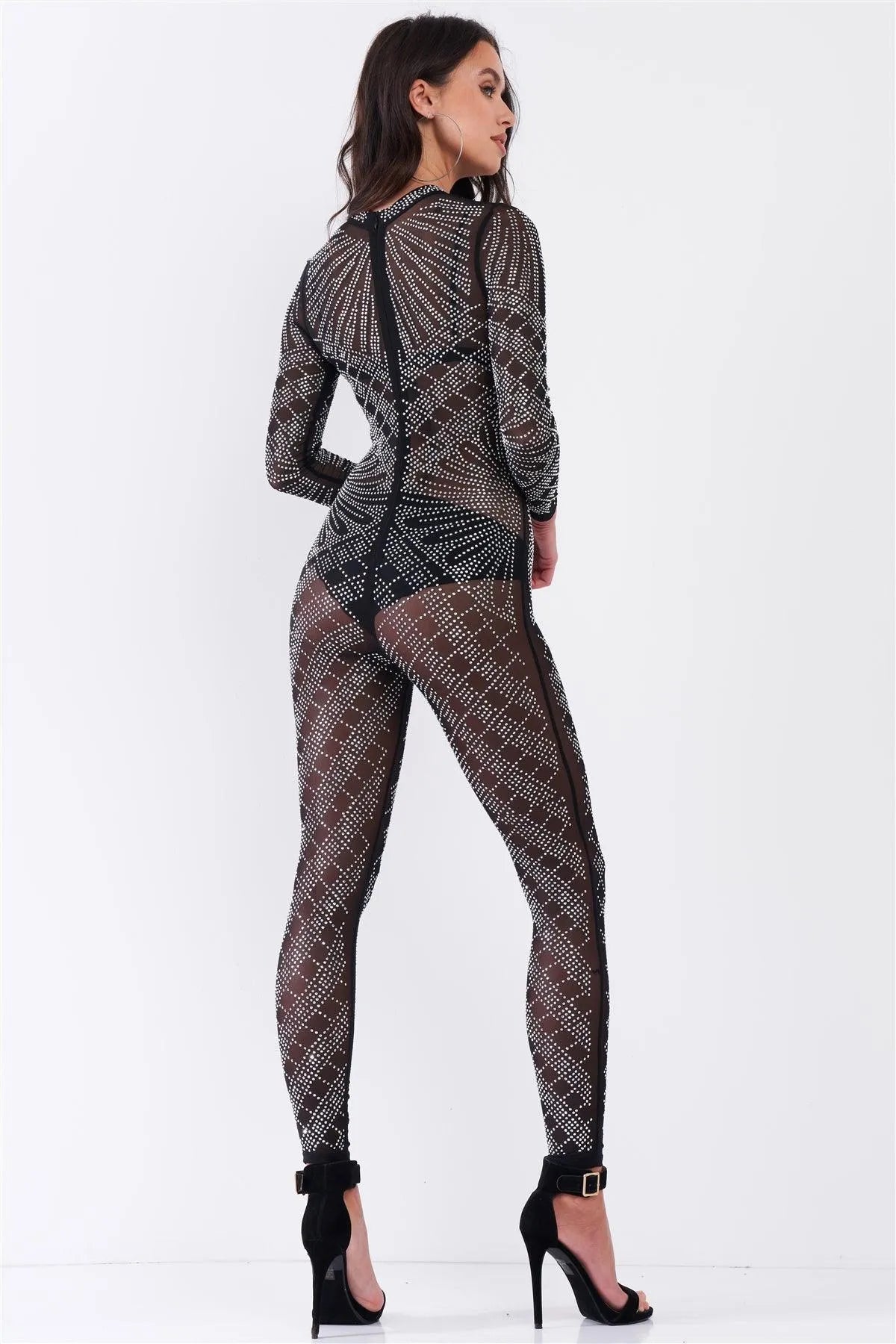Black Sexy Rhinestone Mesh Long Sleeve Mock Neck Bodycon Jumpsuit /1-1-1-1 - Tasha Apparel Wholesale