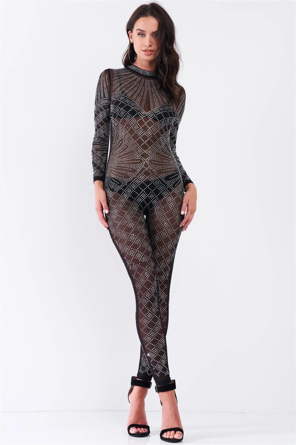 Black Sexy Rhinestone Mesh Long Sleeve Mock Neck Bodycon Jumpsuit /1-1-1-1 - Tasha Apparel Wholesale