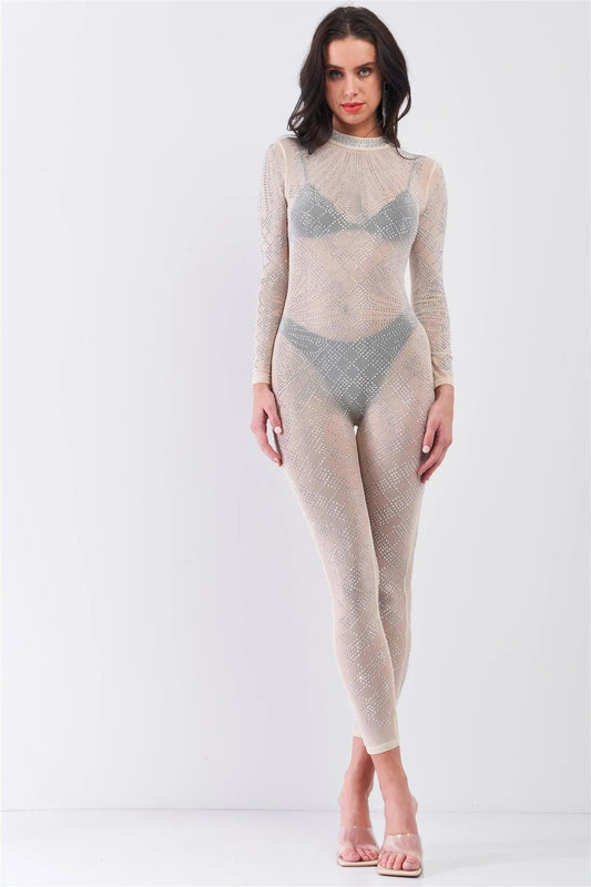 Nude Sexy Rhinestone Mesh Mock Neck Bodycon Jumpsuit - Tasha Apparel Wholesale