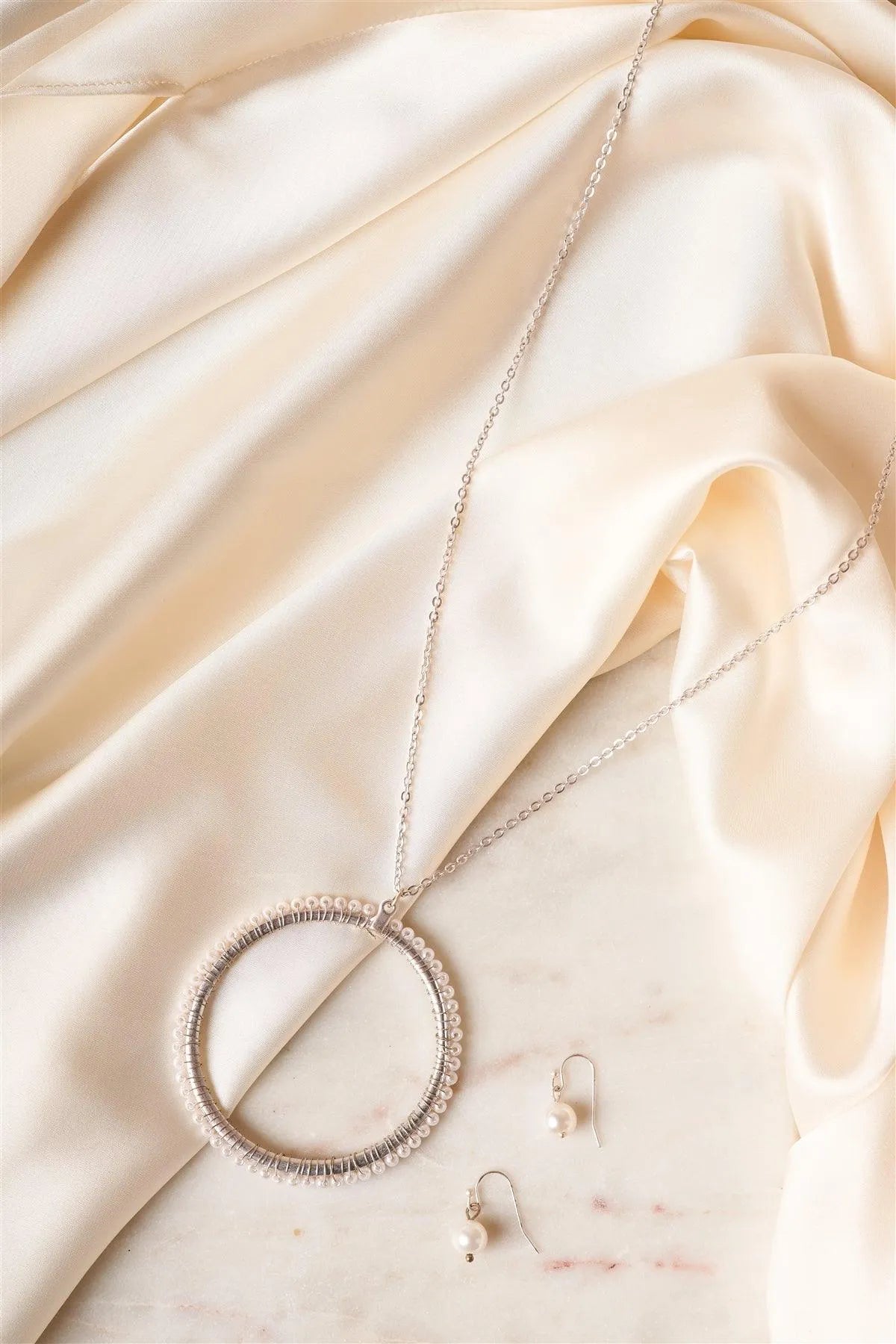 Silver Pearl Beaded Ring Pendant Jewelry Sets - Tasha Apparel Wholesale