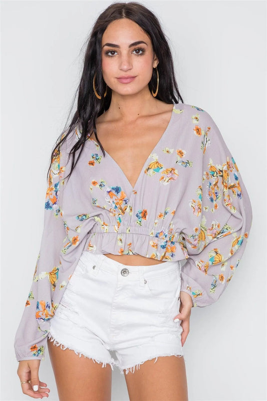 Mauve Batwing Floral Surplice Neck Top /1-3-2-1 - Tasha Apparel Wholesale