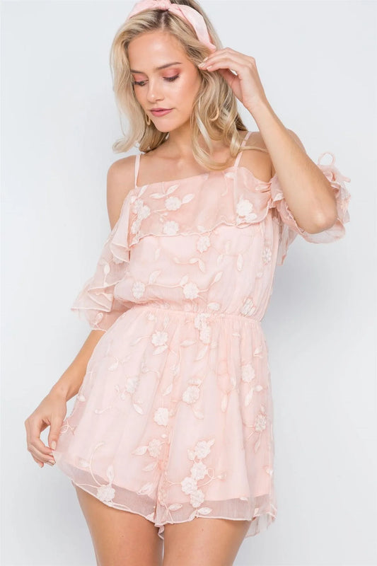 Nude Floral Embroidery Flounce Cami Romper /1-1-2-1 - Tasha Apparel Wholesale