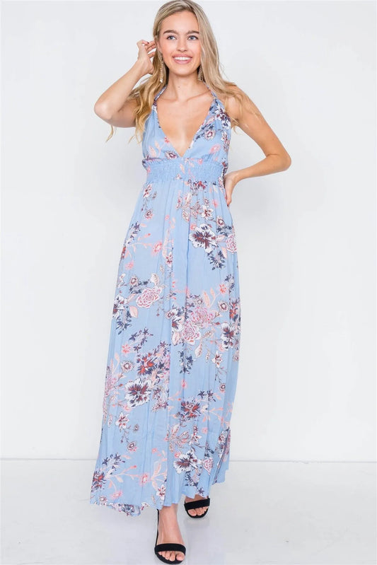 Blue Ruched Waist Backless Side Slit Maxi Dress /2-2-2 - Tasha Apparel Wholesale