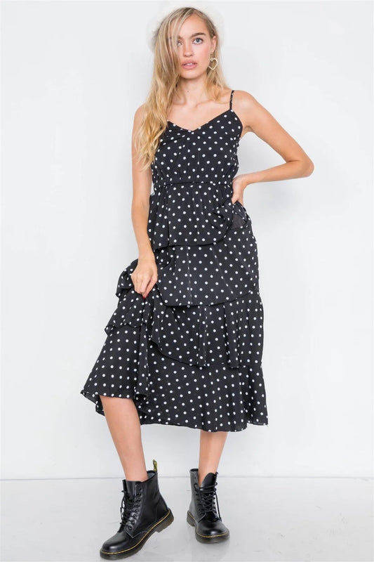 Black Tiered Ruffle Polkadot Midi Dress /2-2-2 - Tasha Apparel Wholesale