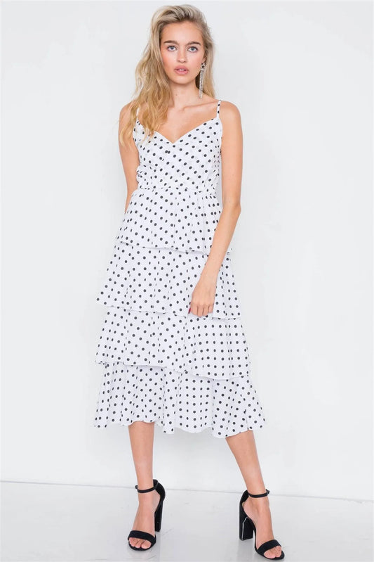 White Tiered Ruffle Polkadot Midi Dress /2-2-2 - Tasha Apparel Wholesale