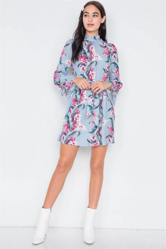 Blue Floral Print Halter Open Back Mini Dress - Tasha Apparel Wholesale
