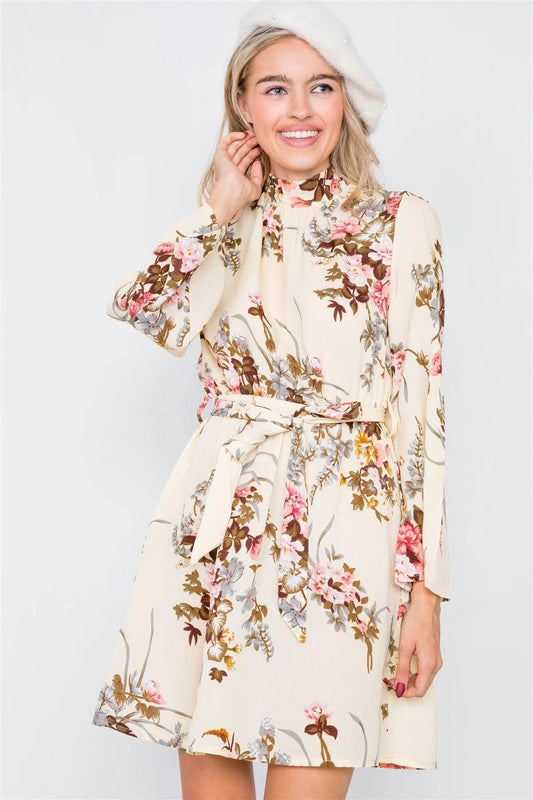 Ivory & Mauve Floral Print Halter Open Back Mini Dress /2-2-2 - Tasha Apparel Wholesale