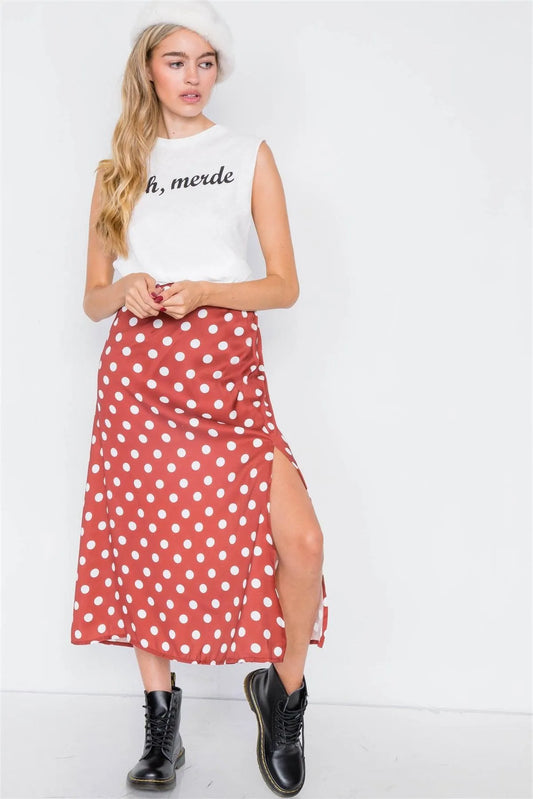 Satin Rust White Polkadot Medium Side Slit Midi Skirt /2-2-2 - Tasha Apparel Wholesale