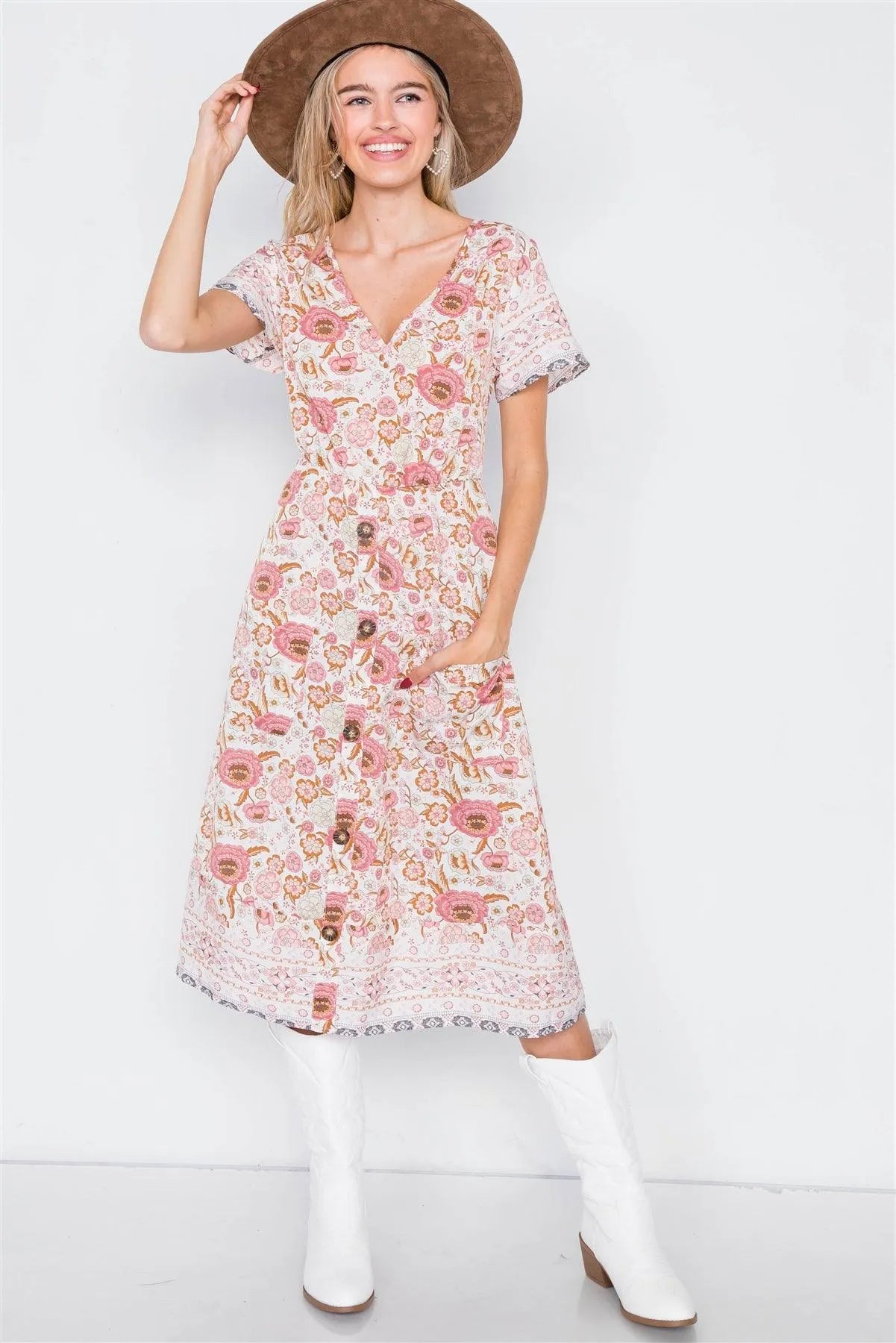 Off White Floral Boho Print Midi Dress /2-2-2 - Tasha Apparel Wholesale