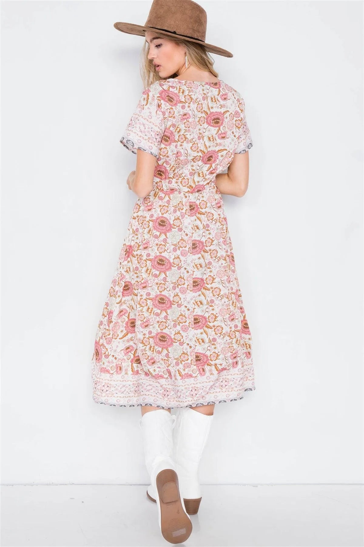 Off White Floral Boho Print Midi Dress /2-2-2 - Tasha Apparel Wholesale