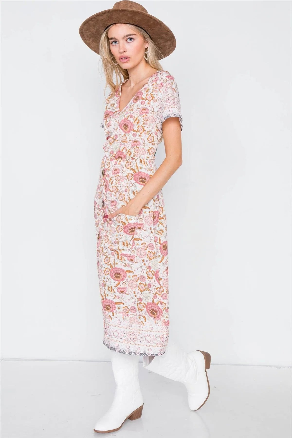Off White Floral Boho Print Midi Dress /2-2-2 - Tasha Apparel Wholesale