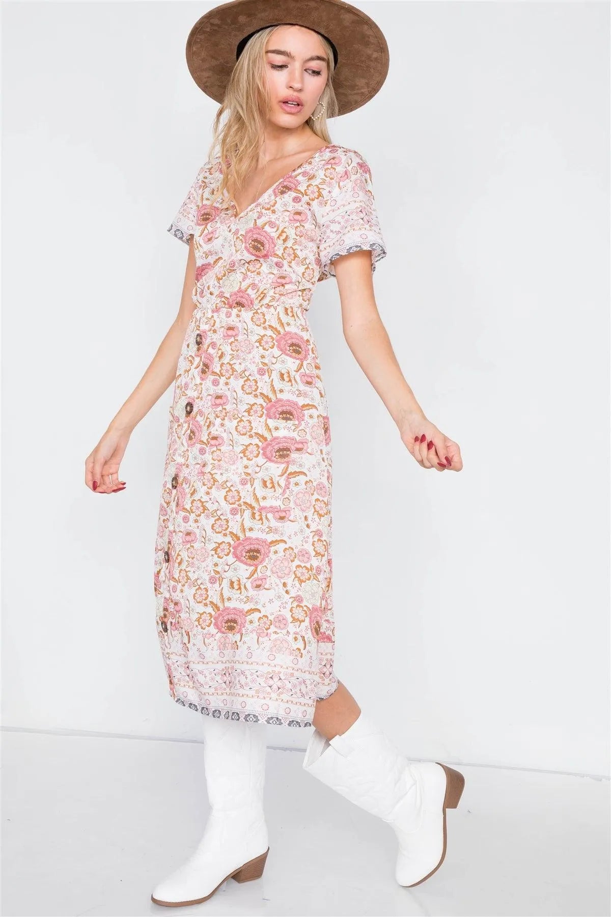Off White Floral Boho Print Midi Dress /2-2-2 - Tasha Apparel Wholesale
