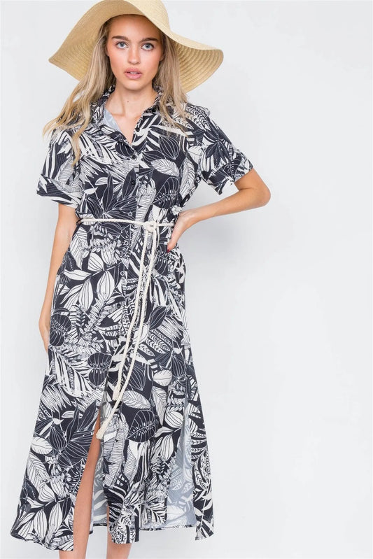 Black & White Tropical Festival Maxi Cover-Up Dress /2-2-2 - Tasha Apparel Wholesale