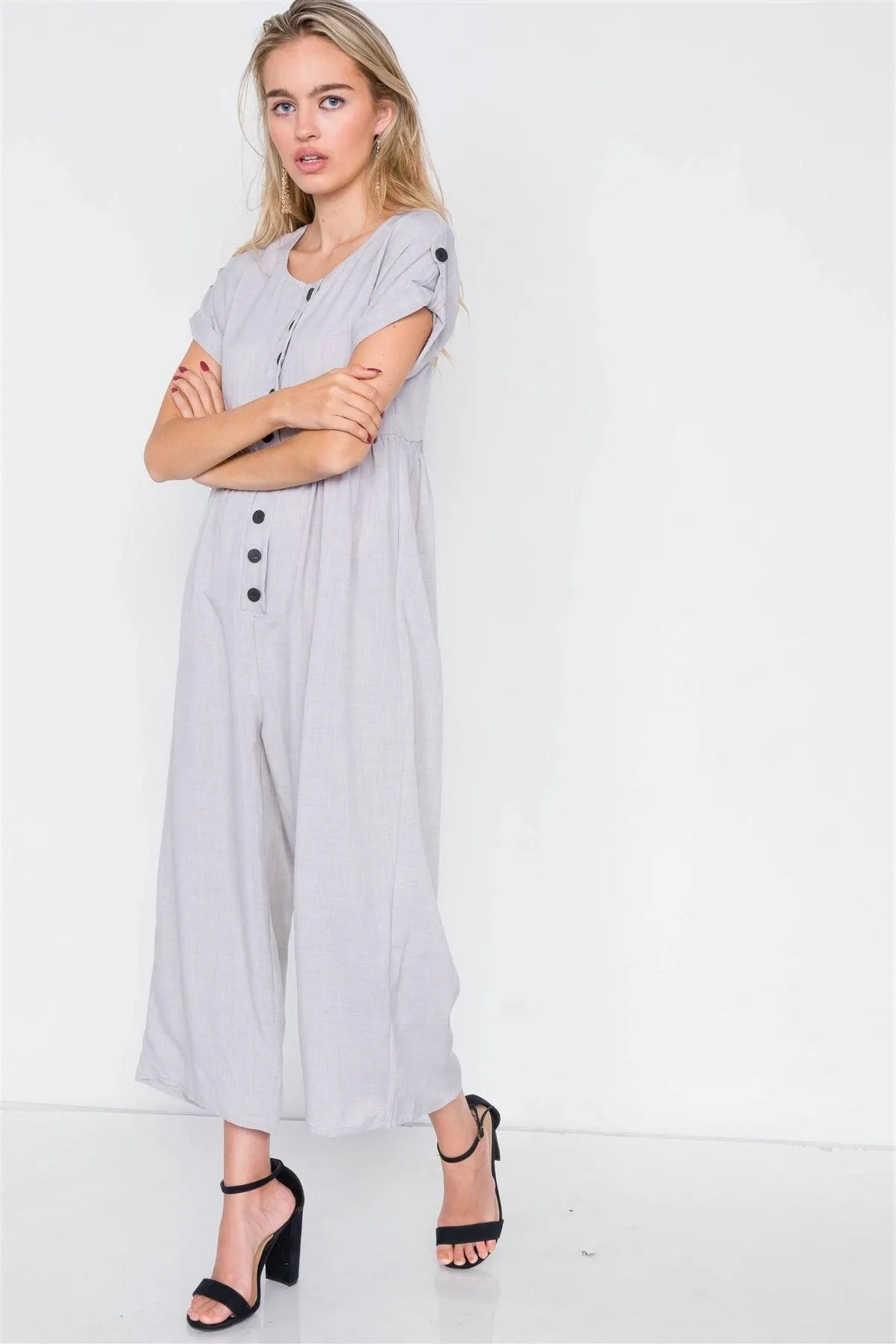 Solid Grey Flared Ankle Gaucho Jumpsuit /2-2-2 - Tasha Apparel Wholesale
