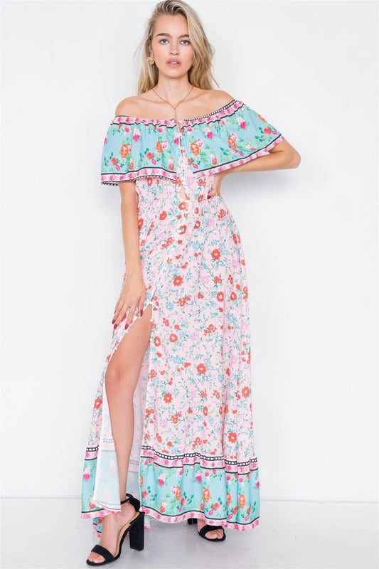 Multi Boho Floral Print Festival Off-The-Shoulder Maxi Dress /2-2-2 - Tasha Apparel Wholesale