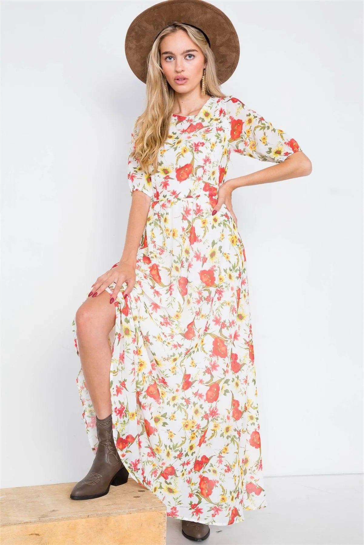 Beige Chic Semi-Sheer Floral Print Maxi Dress /1-2-2 - Tasha Apparel Wholesale