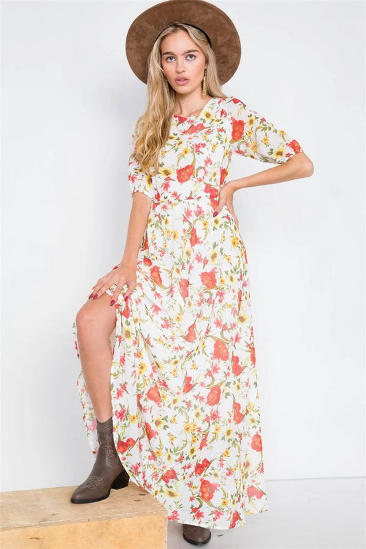 Beige Chic Semi-Sheer Floral Print Maxi Dress /1-2-2 - Tasha Apparel Wholesale
