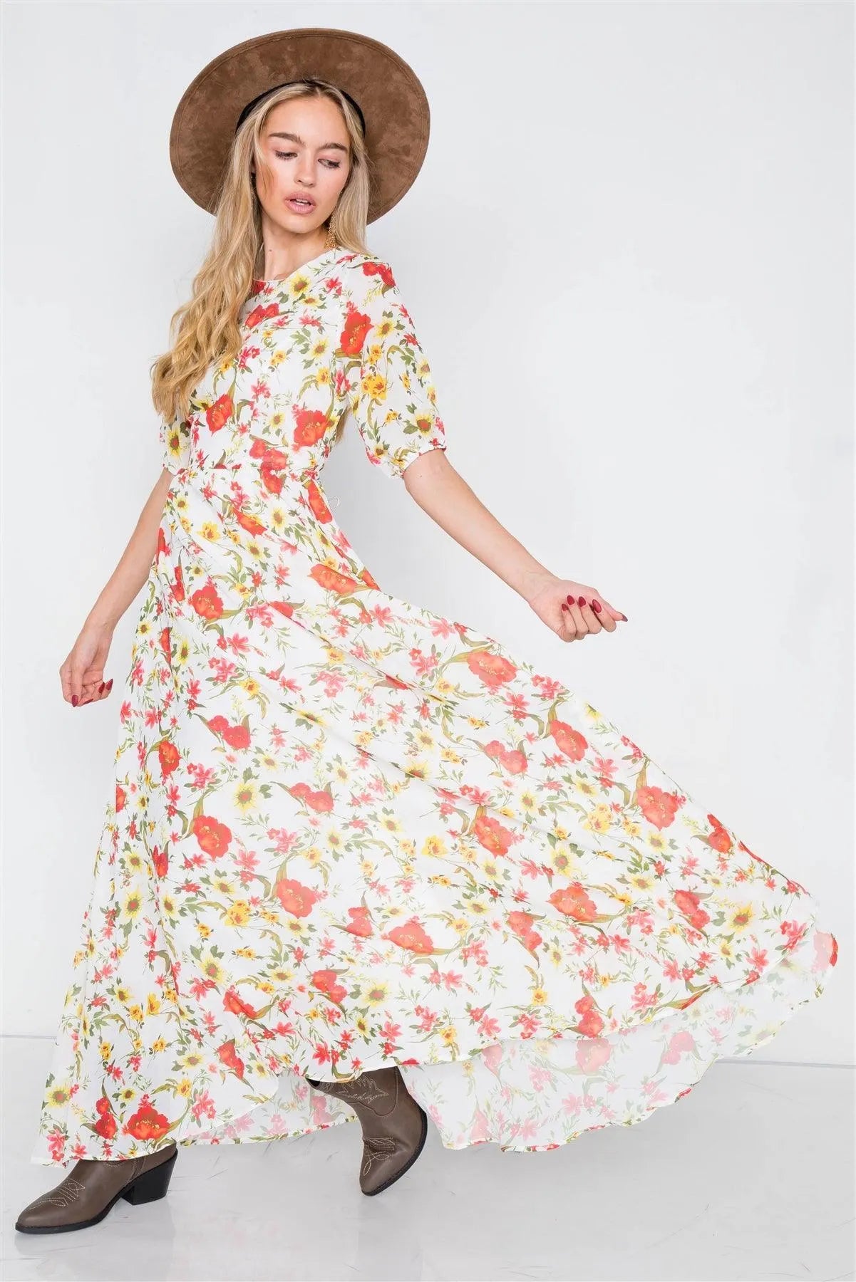 Beige Chic Semi-Sheer Floral Print Maxi Dress /1-2-2 - Tasha Apparel Wholesale
