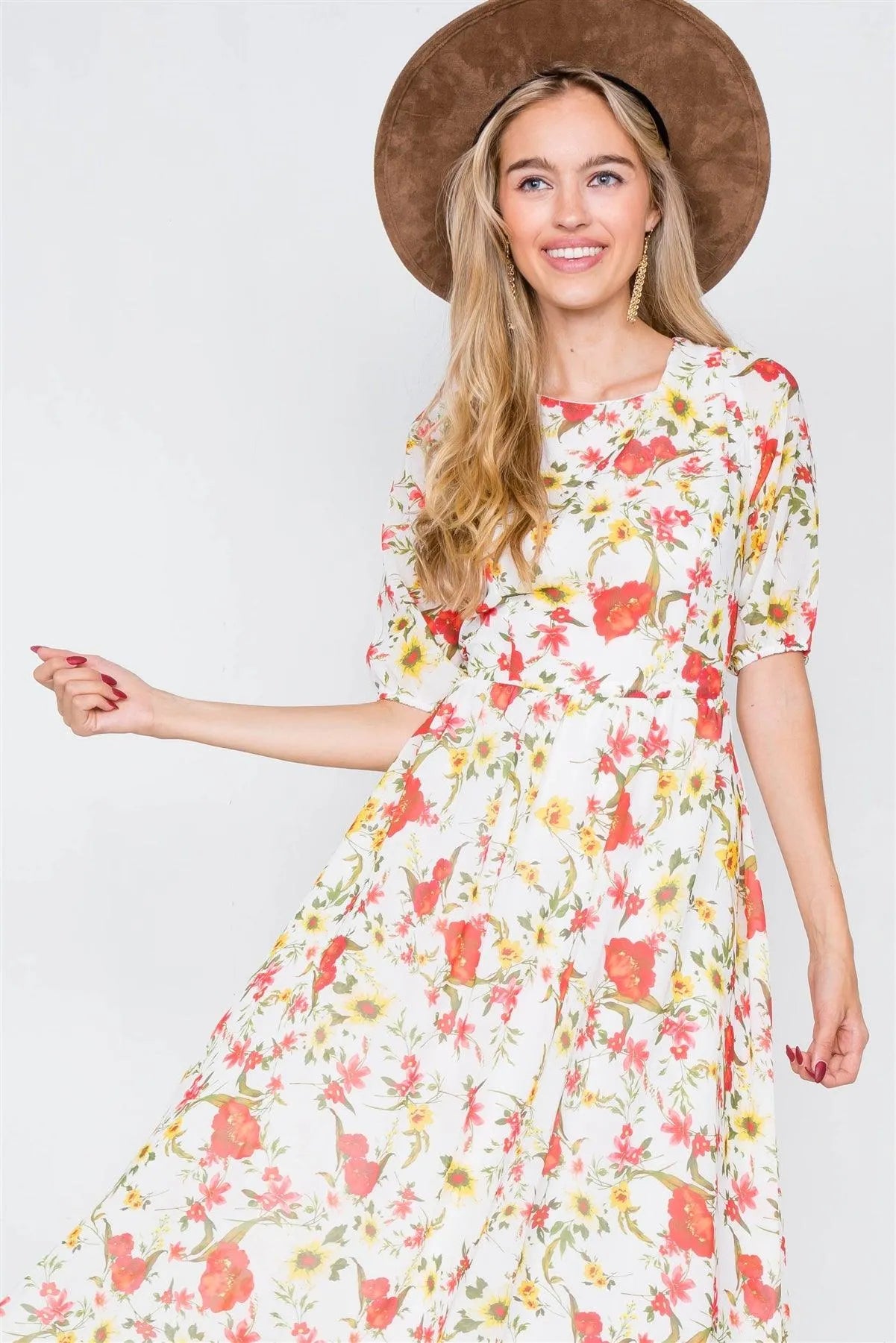 Beige Chic Semi-Sheer Floral Print Maxi Dress /1-2-2 - Tasha Apparel Wholesale