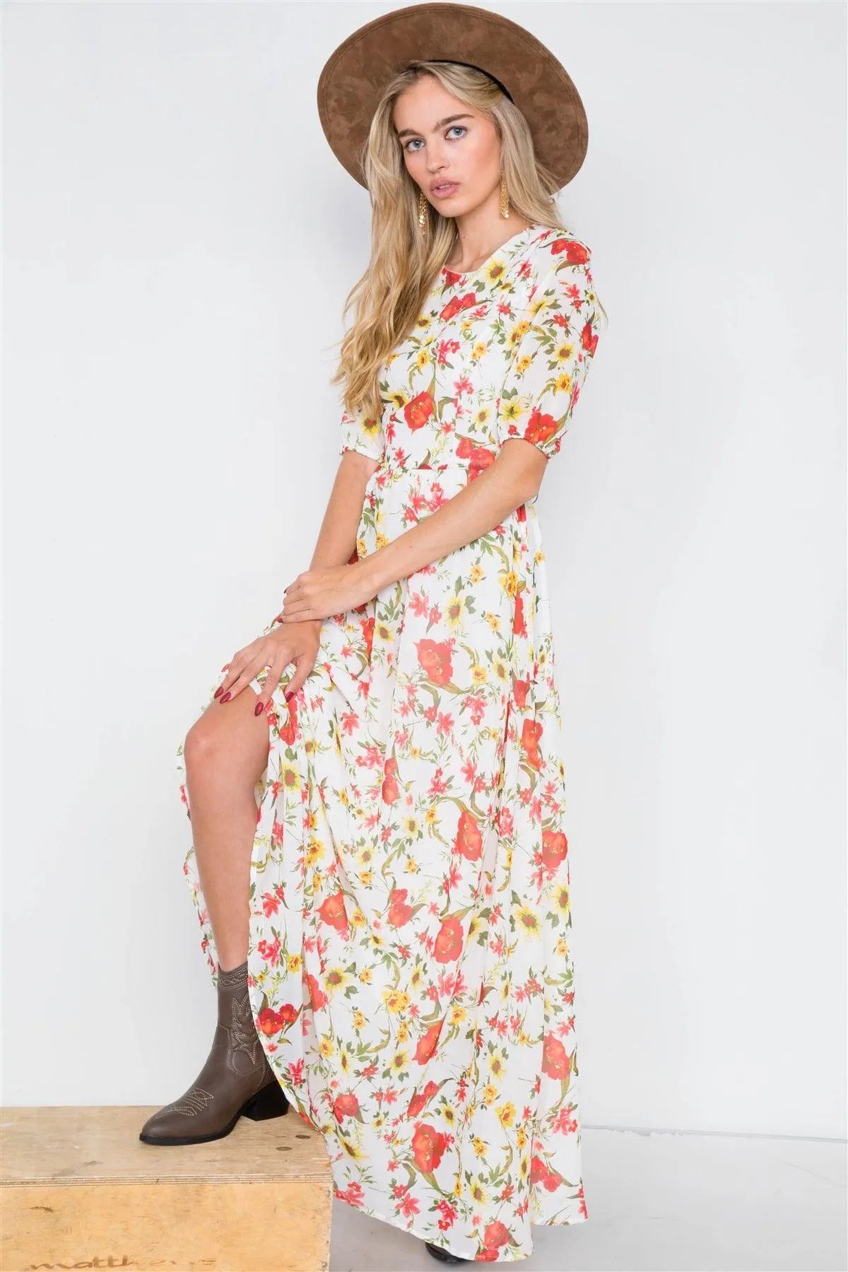 Beige Chic Semi-Sheer Floral Print Maxi Dress /2-2-2 - Tasha Apparel Wholesale