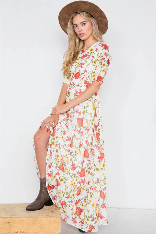 Beige Chic Semi-Sheer Floral Print Maxi Dress /2-2-2 - Tasha Apparel Wholesale
