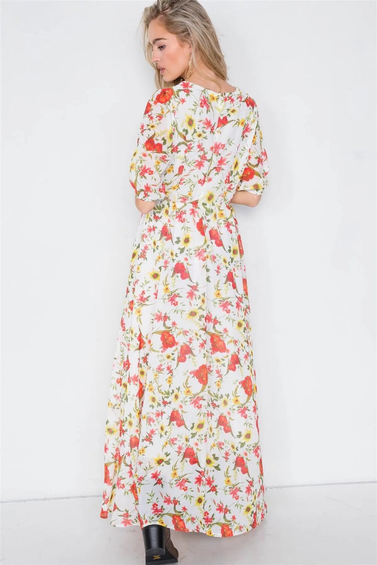 Beige Chic Semi-Sheer Floral Print Maxi Dress /2-2-2 - Tasha Apparel Wholesale