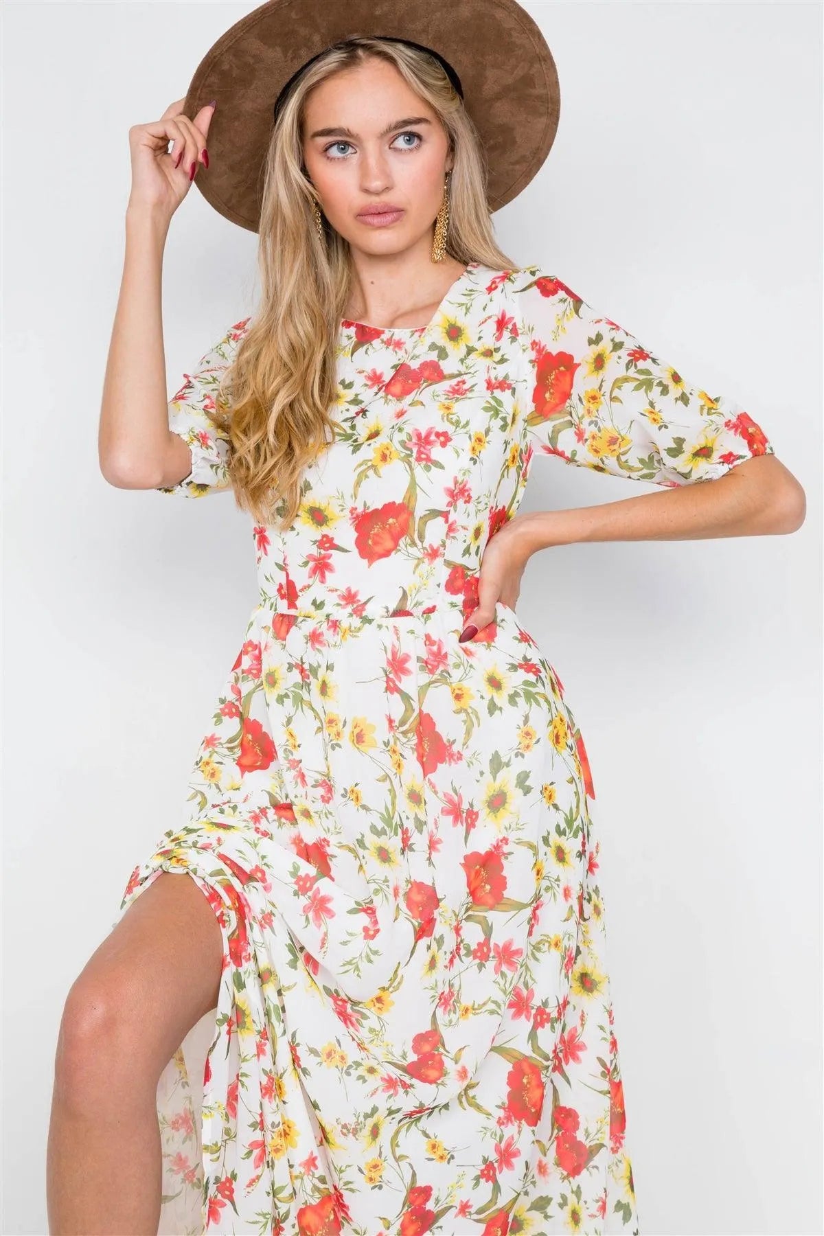Beige Chic Semi-Sheer Floral Print Maxi Dress /2-2-2 - Tasha Apparel Wholesale