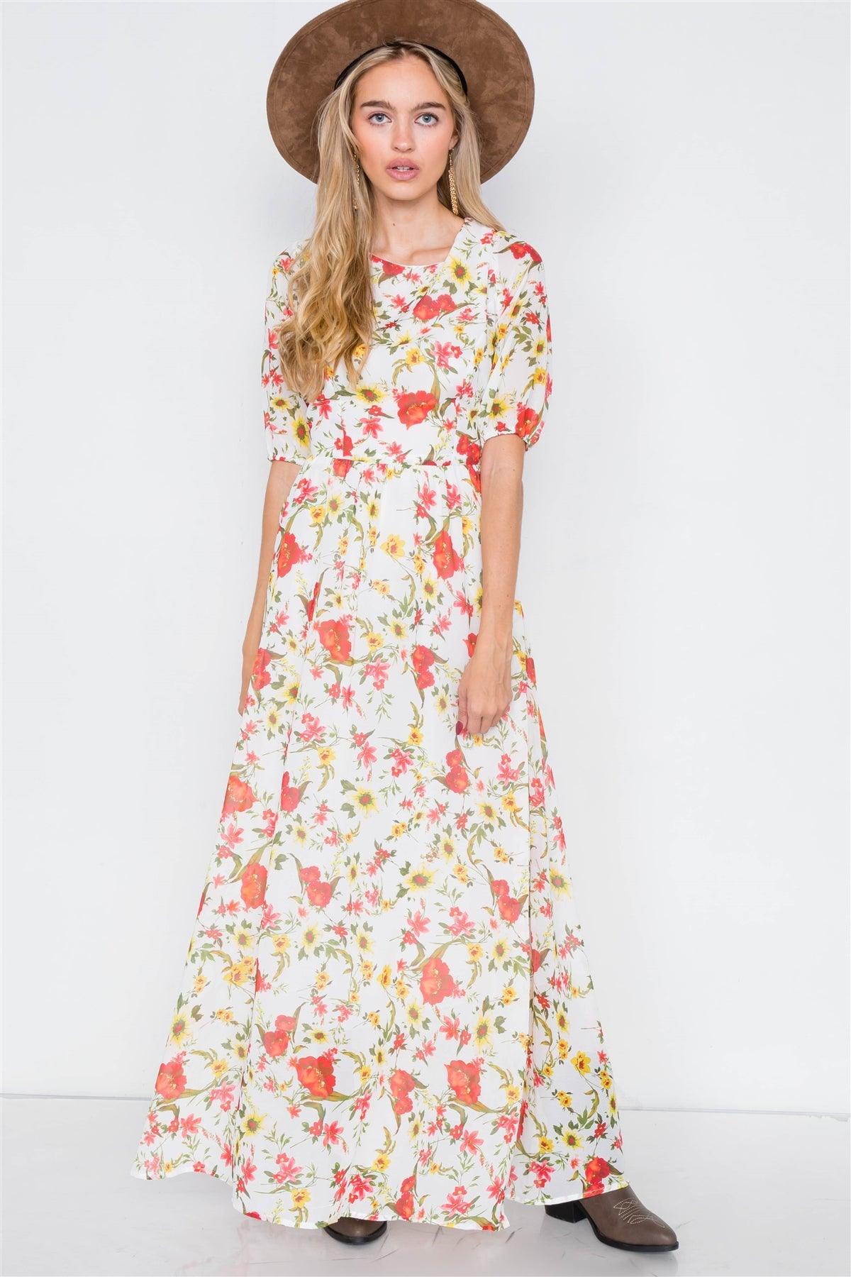 Beige Chic Semi-Sheer Floral Print Maxi Dress  /2-2-2