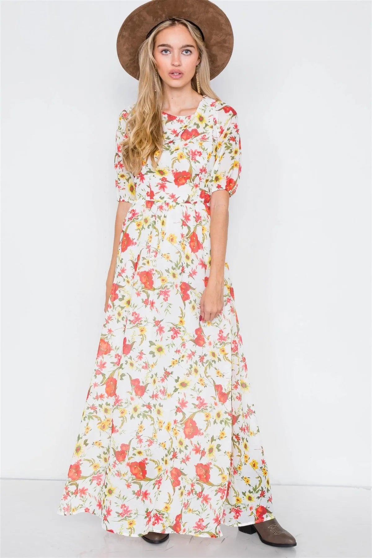 Beige Chic Semi-Sheer Floral Print Maxi Dress /2-2-2 - Tasha Apparel Wholesale