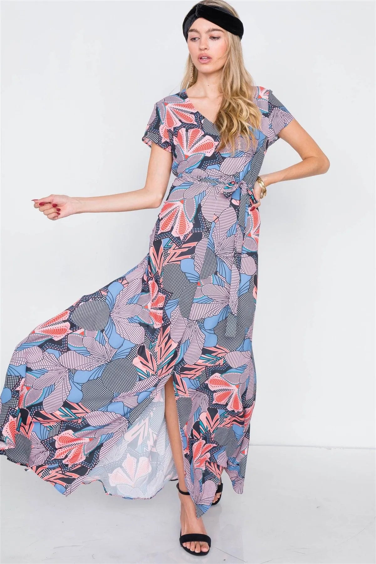 Multi Floral Print V-Neck Fit & Flare Maxi Dress /2-2-2 - Tasha Apparel Wholesale