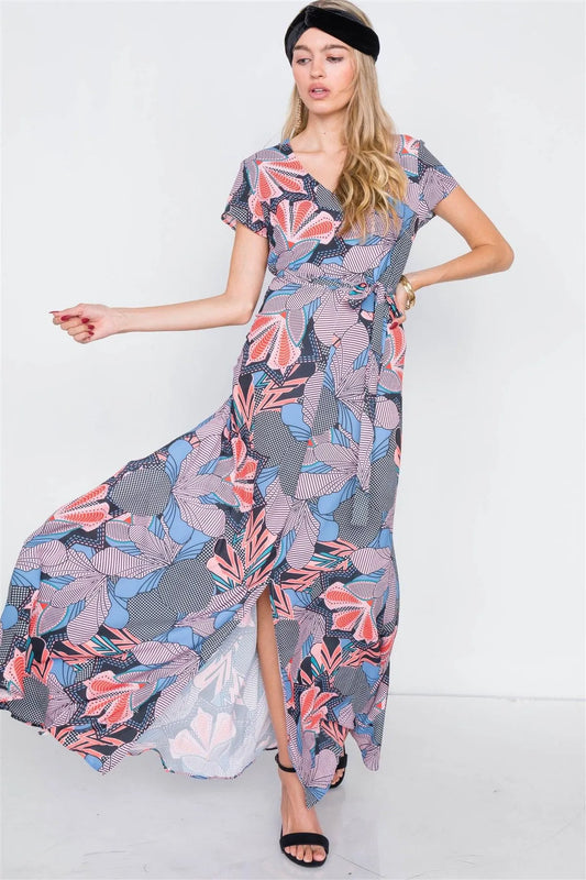 Multi Floral Print V-Neck Fit & Flare Maxi Dress /2-2-2 - Tasha Apparel Wholesale