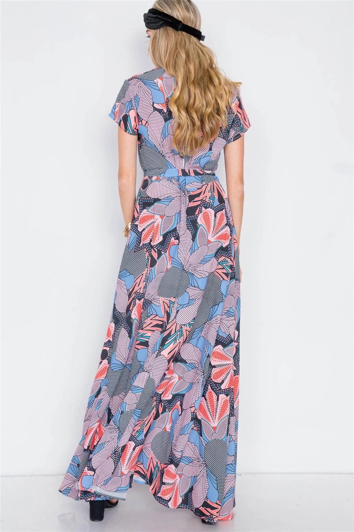 Multi Floral Print V-Neck Fit & Flare Maxi Dress /2-2-2 - Tasha Apparel Wholesale