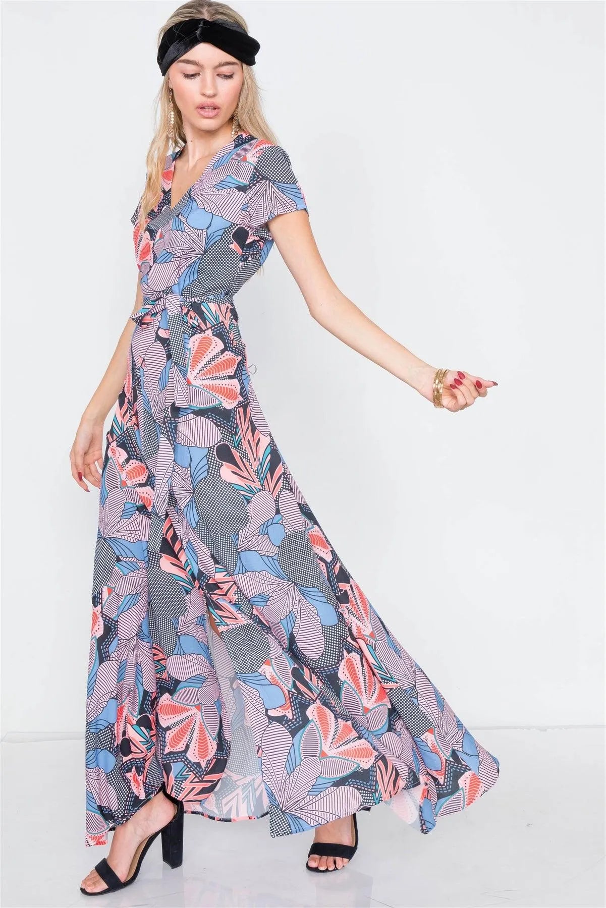Multi Floral Print V-Neck Fit & Flare Maxi Dress /2-2-2 - Tasha Apparel Wholesale