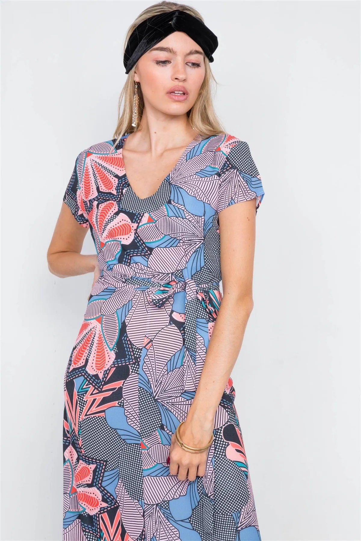 Multi Floral Print V-Neck Fit & Flare Maxi Dress /2-2-2 - Tasha Apparel Wholesale