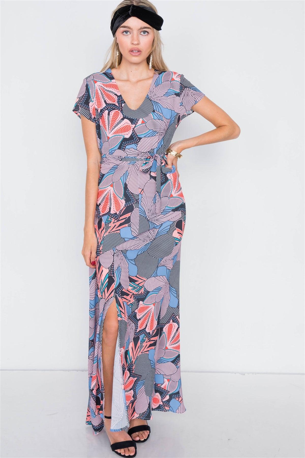 Multi Floral Print V-Neck Fit & Flare Maxi Dress /2-2-2