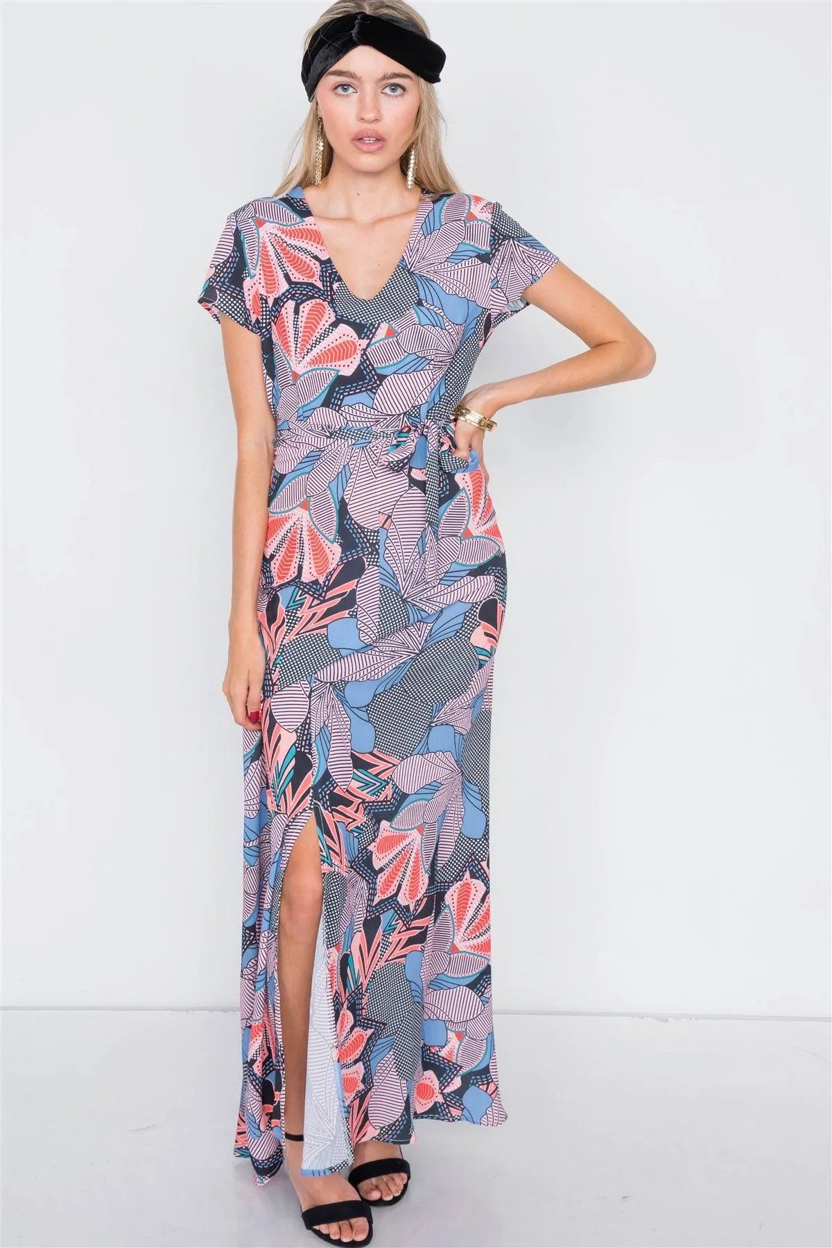 Multi Floral Print V-Neck Fit & Flare Maxi Dress /2-2-2 - Tasha Apparel Wholesale