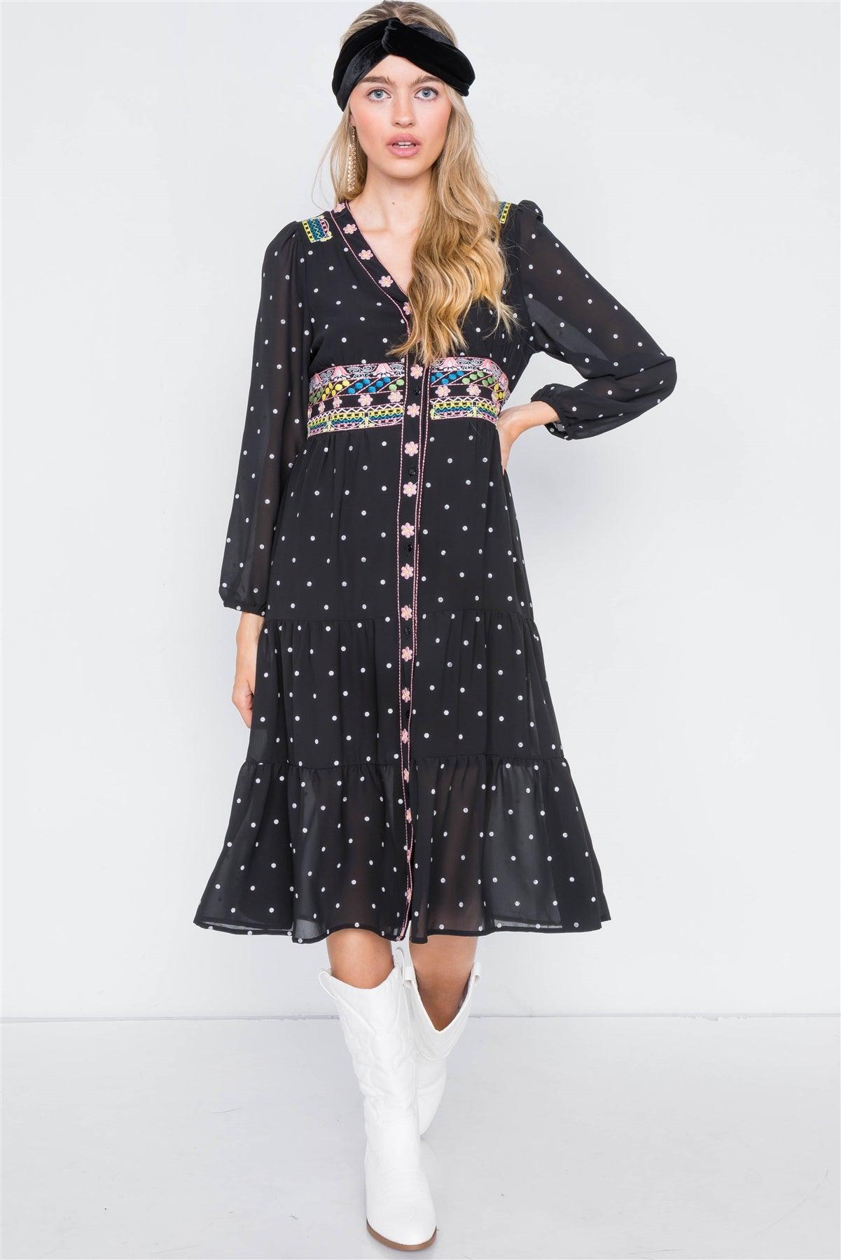 Black & Floral Embroidered Polkadot Tiered Babydoll Midi Dress /2-2-2
