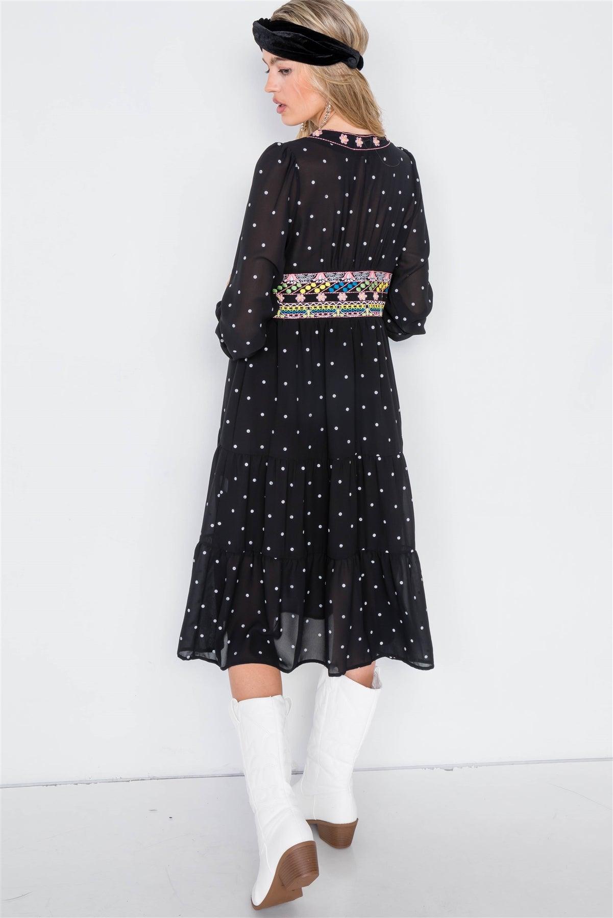 Black & Floral Embroidered Polkadot Tiered Babydoll Midi Dress /2-2-2