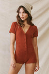 Rust Teddy Fleece Button-Up Short Sleeve Romper /2-2-2 - Tasha Apparel Wholesale