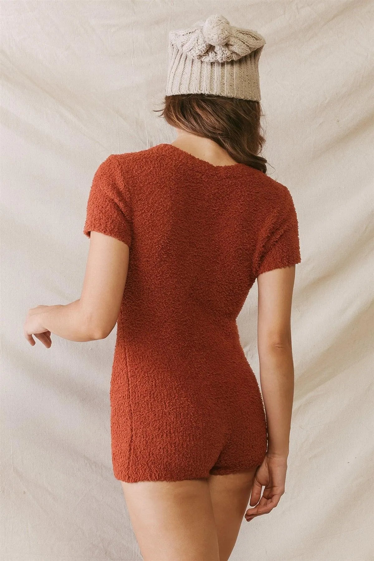 Rust Teddy Fleece Button-Up Short Sleeve Romper /2-2-2 - Tasha Apparel Wholesale