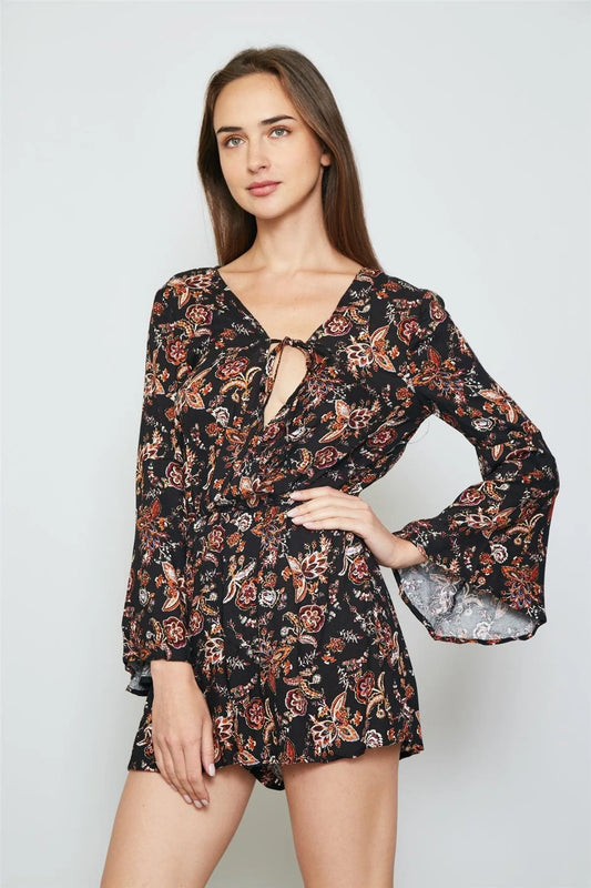 Black Floral Print Tie Front Bell Sleeves Romper / 2-2-2 - Tasha Apparel Wholesale