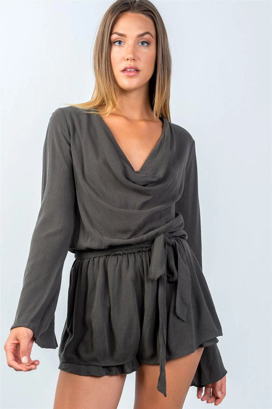 Olive Cowl-Neck Romper Bell Sleeves Romper - Tasha Apparel Wholesale