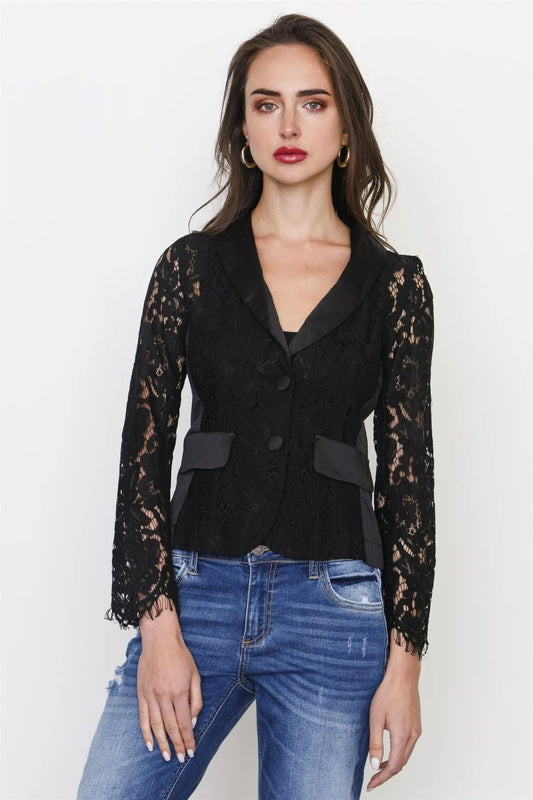 Black Floral Lace Blazer / 3-2-1 - Tasha Apparel Wholesale