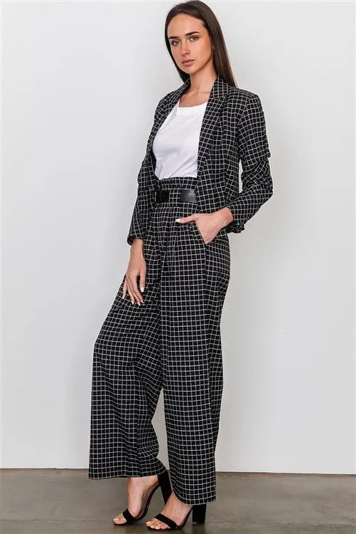 Black Plaid Print Blazer And Belted Pants Set - Tasha Apparel Wholesale