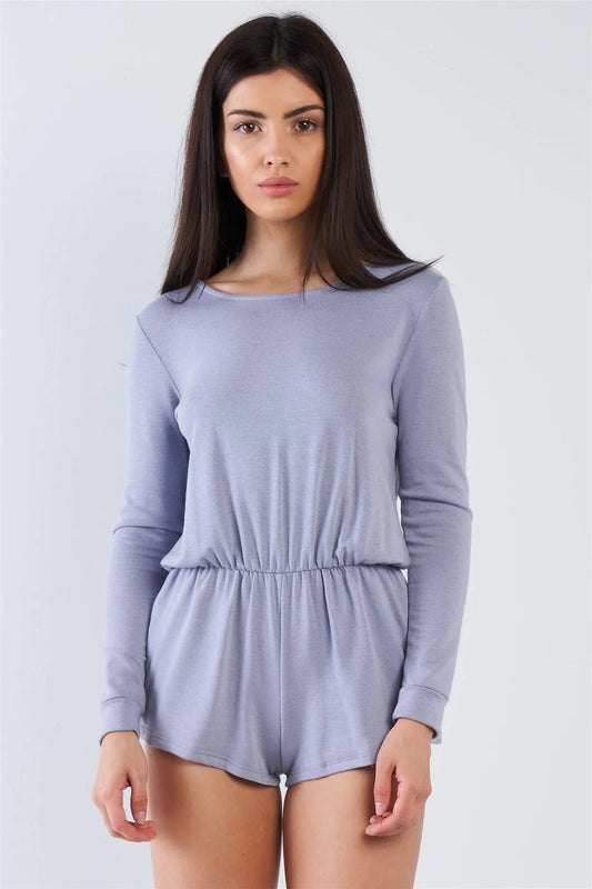 Blue Comfy Tie-Back Long Sleeve Romper /3-2-1 - Tasha Apparel Wholesale