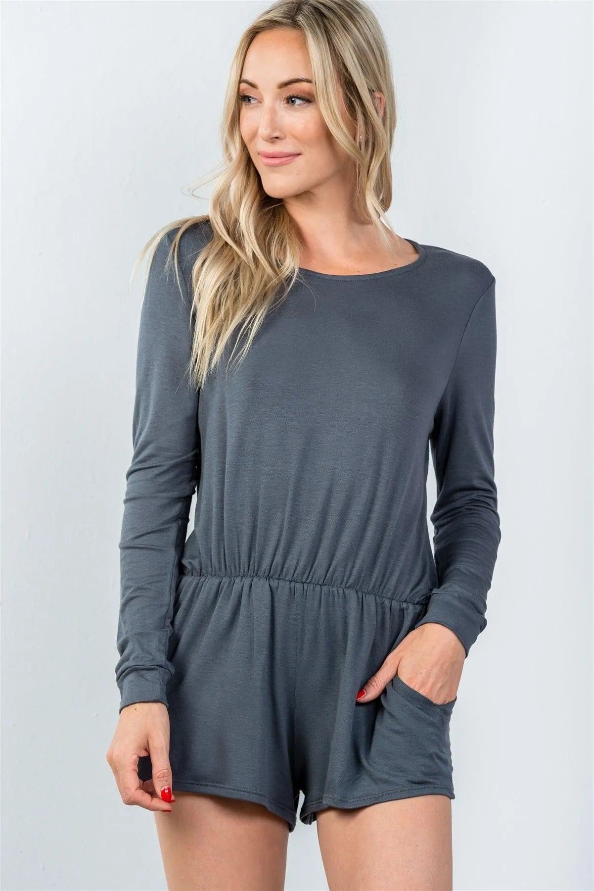 Grey Comfy Tie-Back Long Sleeve Romper / 3-2-1 - Tasha Apparel Wholesale